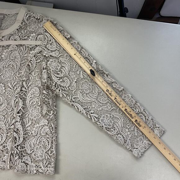 Chicos Open Lace Jacket Cardigan Size 3 Beige Tan Sheer Crochet Lace Dressy XL - Picture 8 of 13